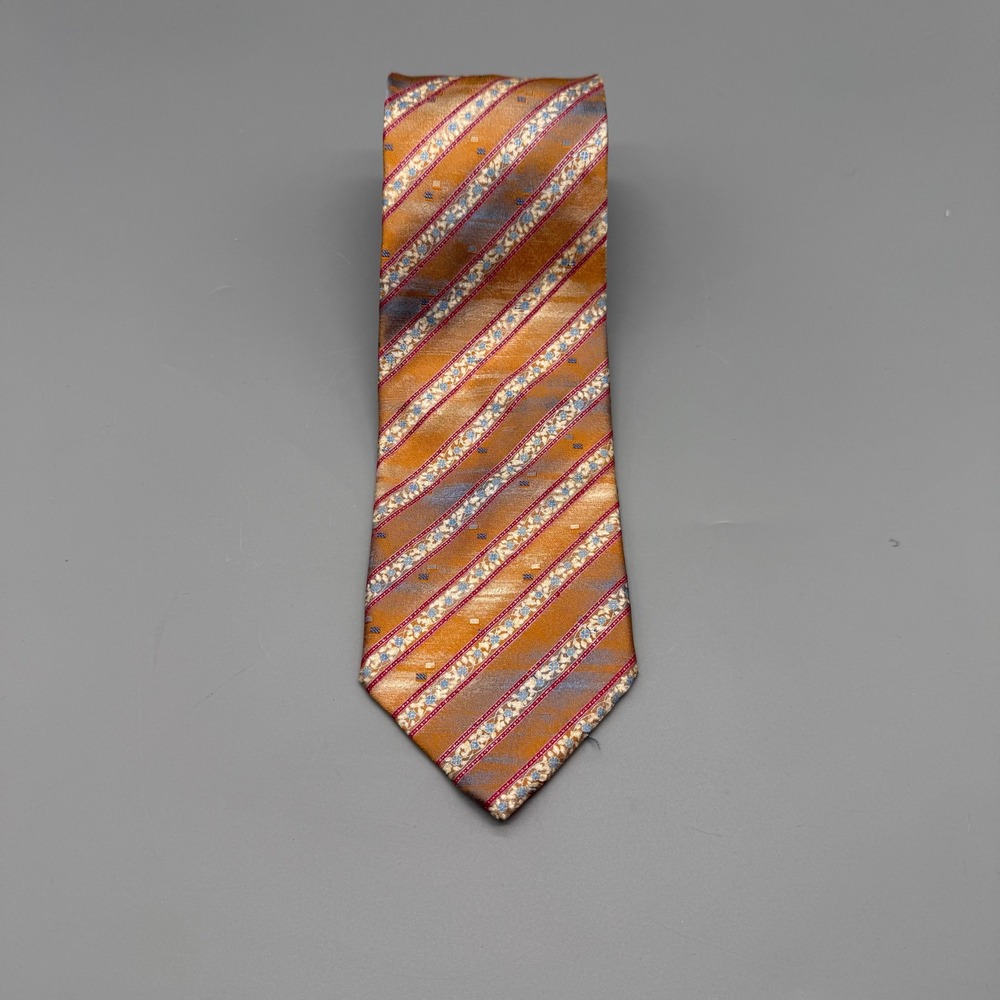 Brioni Mens Silk Tie Orange Gold Blue Floral Diagonal Striped Handmade Italy